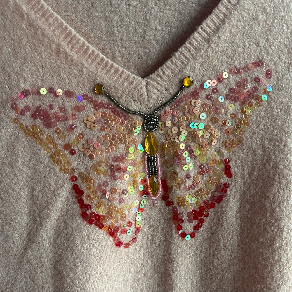 Y2K Vintage Beaded Sequin Butterfly Long Sleeve Rabbit Hair Sweater Coral Pink M - Picture 4 of 8